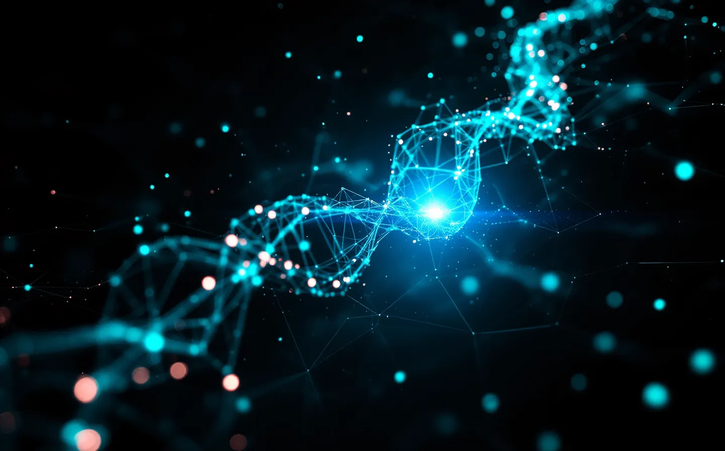 Abstract mint wireframe of an acylated peptide chain coiling toward a receptor node on a dark editor grid